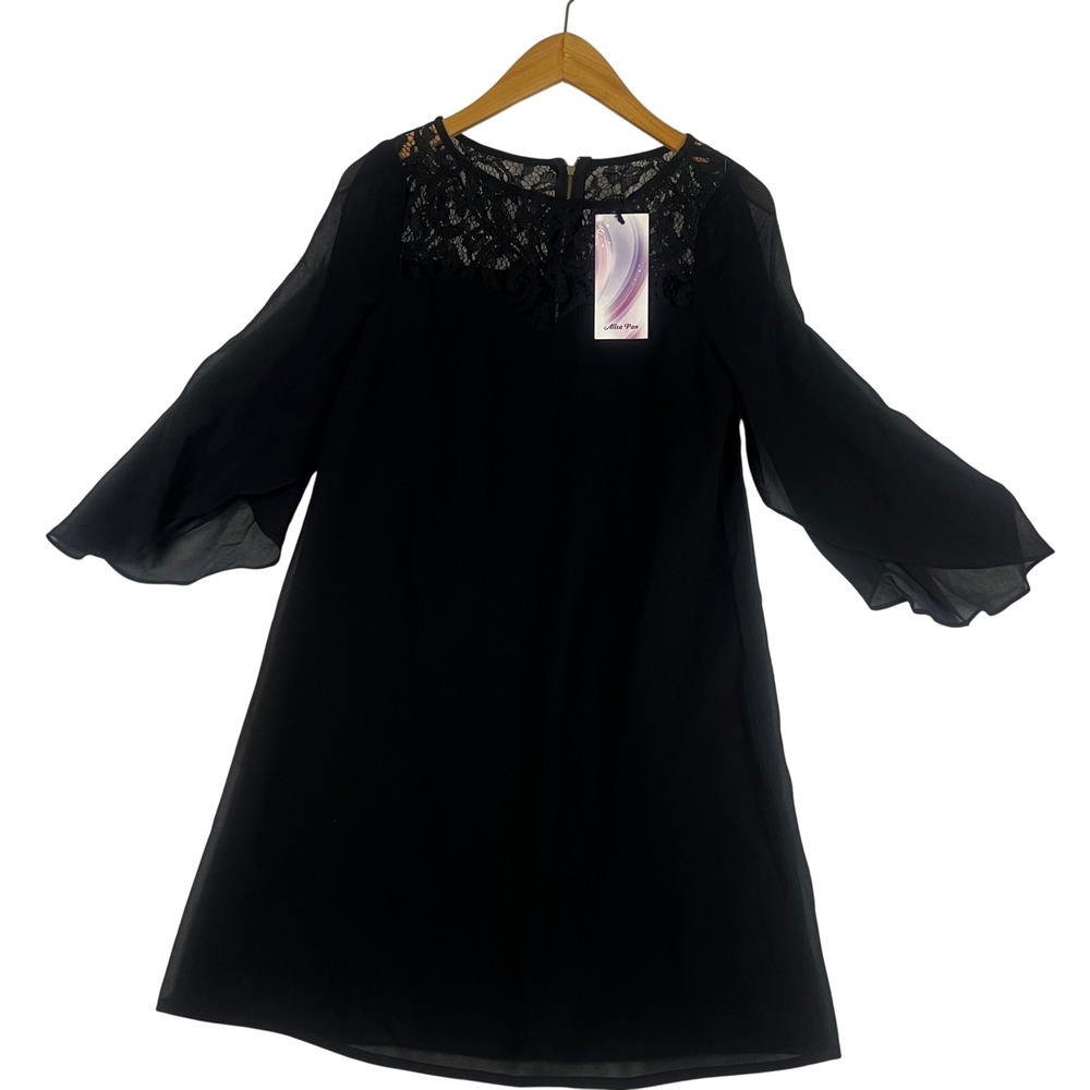 Alisa Pan Black Lace Yoke Shift Dress US 6 Bell Sleeve Cocktail AP05242BK08 NWT